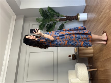 Helin Lacivert Ebruli Desen Pamuk Viskon Midi Boy Elbise