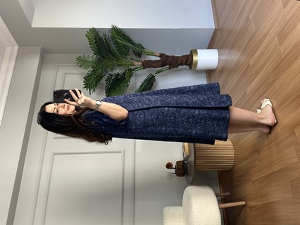 Helin Lacivert Hareli Pamuk Viskon Midi Boy Elbise