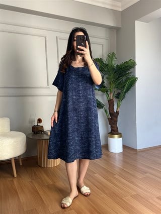 Helin Lacivert Hareli Pamuk Viskon Midi Boy Elbise