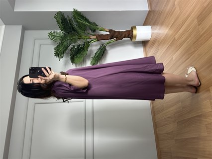 Helin Lila Tek Renk Desen Pamuk Viskon Midi Boy Elbise