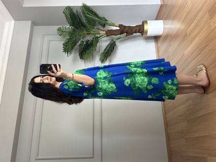 Helin Mavi Çiçekli Pamuk Viskon Midi Boy Elbise