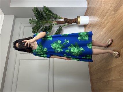 Helin Mavi Çiçekli Pamuk Viskon Midi Boy Elbise