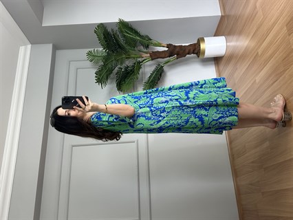 Helin Mavi Desenli Pamuk Viskon Midi Boy Elbise 