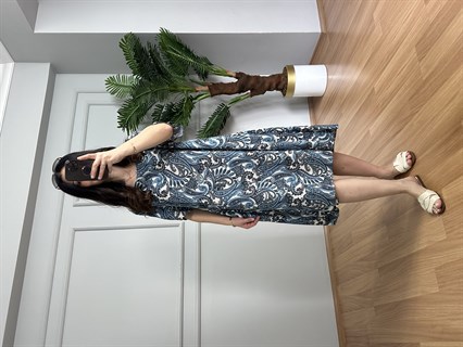 Helin Mavi Geçişli Desen Pamuk Viskon Midi Boy Elbise