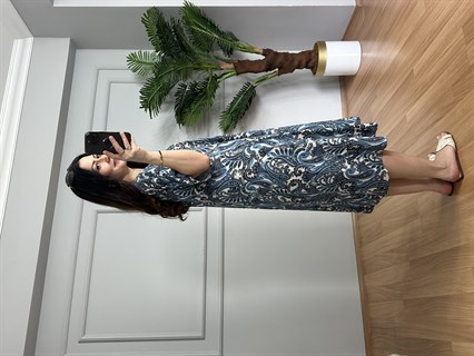 Helin Mavi Geçişli Desen Pamuk Viskon Midi Boy Elbise