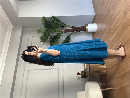 Helin Mavi Hareli  Pamuk Viskon Midi Boy Elbise