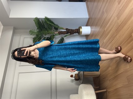 Helin Mavi Hareli  Pamuk Viskon Midi Boy Elbise