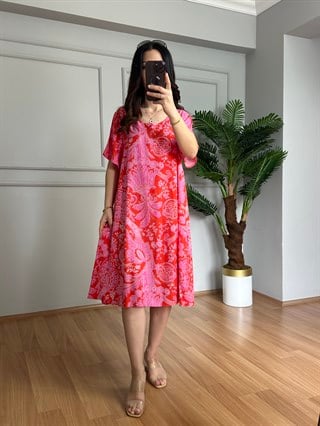 Helin Pembe Desenli Pamuk Viskon Midi Boy Elbise