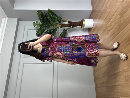 Helin Pembe Otantik Desen Pamuk Viskon Midi Boy Elbise