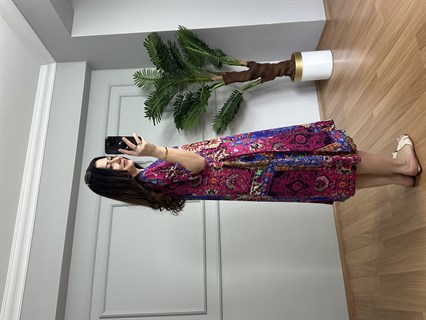 Helin Pembe Otantik Desen Pamuk Viskon Midi Boy Elbise