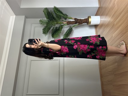 Helin Siyah Çiçekli Pamuk Viskon Midi Boy Elbise 