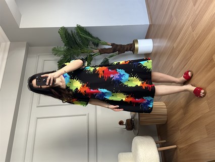 Helin Siyah Geometrik Desen Pamuk Viskon Midi Boy Elbise