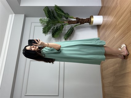 Helin Su Yeşili Tek Renk Desen Pamuk Viskon Midi Boy Elbise