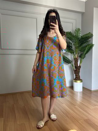 Helin Turkuaz Etnik Desen Pamuk Viskon Midi Boy Elbise 