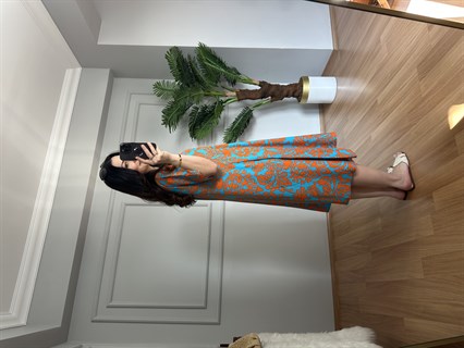 Helin Turkuaz Etnik Desen Pamuk Viskon Midi Boy Elbise 