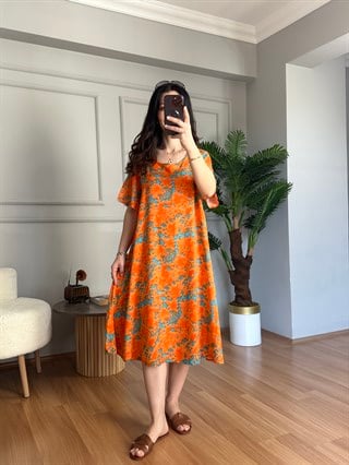 Helin Turuncu Ebruli Desen Pamuk Viskon Midi Boy Elbise 