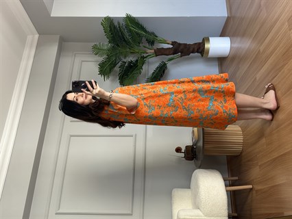 Helin Turuncu Ebruli Desen Pamuk Viskon Midi Boy Elbise 