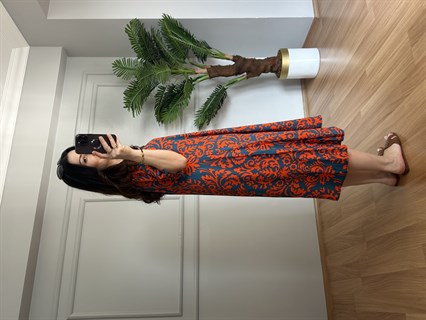 Helin Turuncu Etnik Desen Pamuk Viskon Midi Boy Elbise