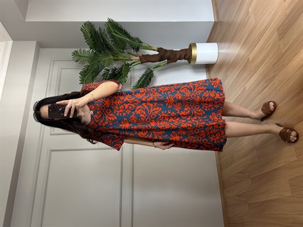 Helin Turuncu Etnik Desen Pamuk Viskon Midi Boy Elbise