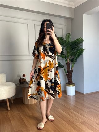 Helin Turuncu Geometrik Desen Pamuk Viskon Midi Boy Elbise