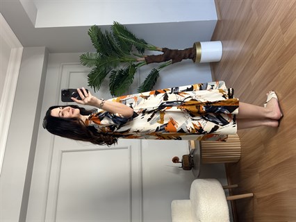 Helin Turuncu Geometrik Desen Pamuk Viskon Midi Boy Elbise