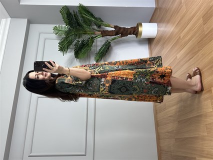 Helin Turuncu Otantik Desen Pamuk Viskon Midi Boy Elbise