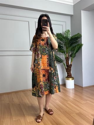 Helin Turuncu Otantik Desen Pamuk Viskon Midi Boy Elbise