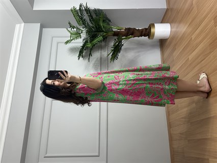 Helin Yeşil Desenli Pamuk Viskon Midi Boy Elbise