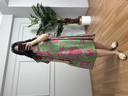 Helin Yeşil Desenli Pamuk Viskon Midi Boy Elbise