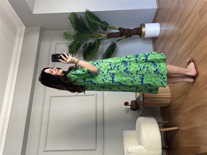 Helin Yeşil Ebruli Desen Pamuk Viskon Midi Boy Elbise 