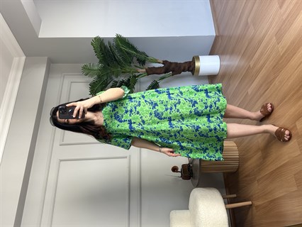 Helin Yeşil Ebruli Desen Pamuk Viskon Midi Boy Elbise 