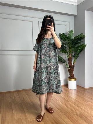 Helin Yeşil Geçişli Desen Pamuk Viskon Midi Boy Elbise