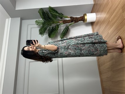 Helin Yeşil Geçişli Desen Pamuk Viskon Midi Boy Elbise