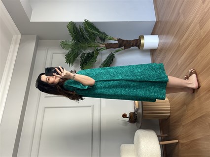 Helin Yeşil Hareli Pamuk Viskon Midi Boy Elbise