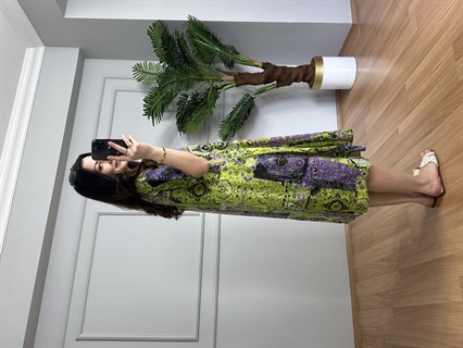 Helin Yeşil Otantik Desen Pamuk Viskon Midi Boy Elbise