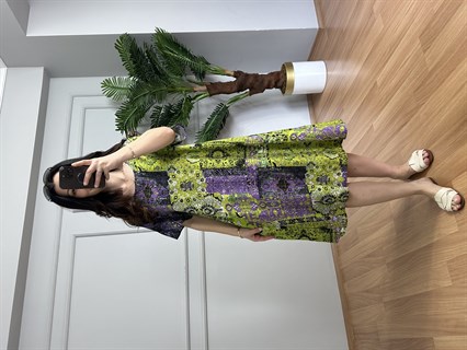 Helin Yeşil Otantik Desen Pamuk Viskon Midi Boy Elbise