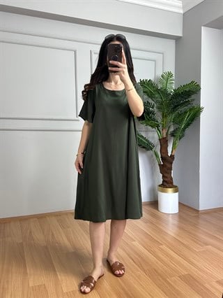 Helin Zümrüt Tek Renk Desen Pamuk Viskon Midi Boy Elbise