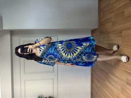 Holly Mavi-Sarı  Desenli Pamuk Viskon Elbise