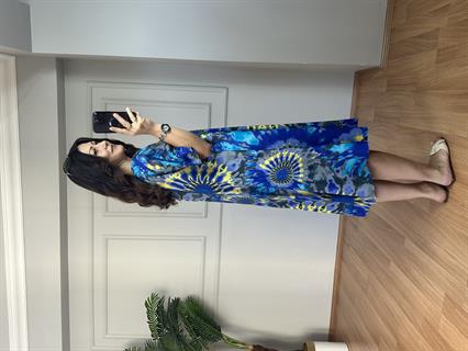 Holly Mavi-Sarı  Desenli Pamuk Viskon Elbise