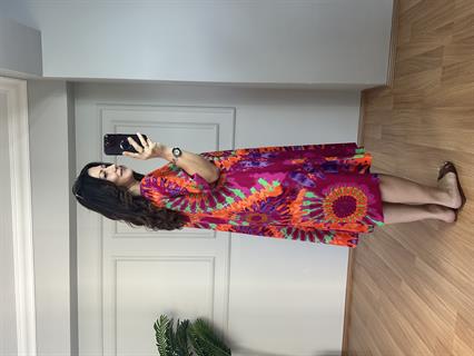 Holly Pembe-Turuncu Desenli Pamuk Viskon Elbise