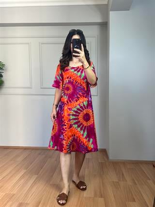 Holly Pembe-Turuncu Desenli Pamuk Viskon Elbise