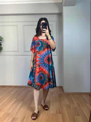 Holly Petrol-Turuncu Desenli Pamuk Viskon Elbise