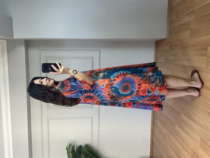 Holly Petrol-Turuncu Desenli Pamuk Viskon Elbise