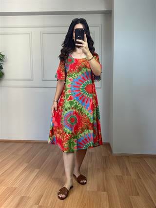 Holly Turuncu-Yeşil Desenli Pamuk Viskon Elbise 