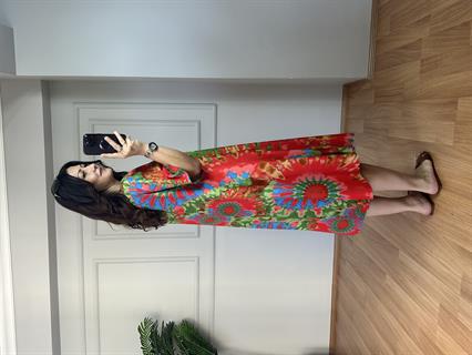 Holly Turuncu-Yeşil Desenli Pamuk Viskon Elbise 