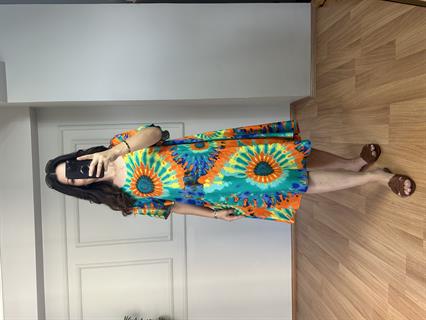 Holly Yeşil-Sarı Desenli Pamuk Viskon Elbise