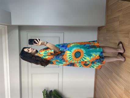 Holly Yeşil-Sarı Desenli Pamuk Viskon Elbise