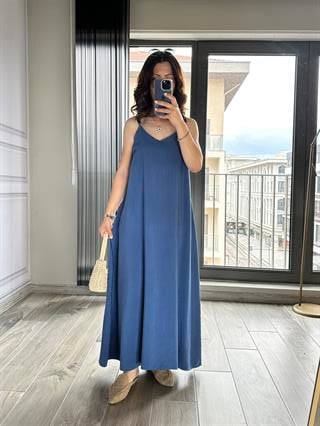 İndigo Premium Kalite Tensel Kumaş Askılı Elbise