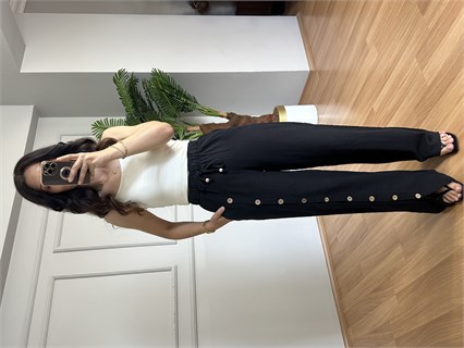 June Siyah Pamuk Keten Düğme Detaylı Pantolon 