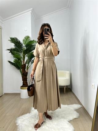 Kahve Keten Gömlek Elbise